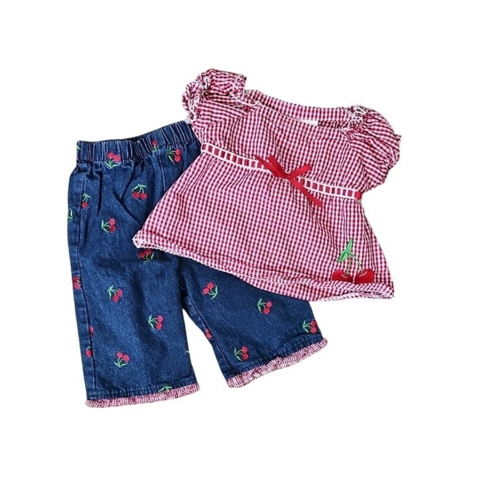 Blueberri Boulevard Baby Girl Red Gingham Cherry Top and Denim Pants Set 12M Y2K